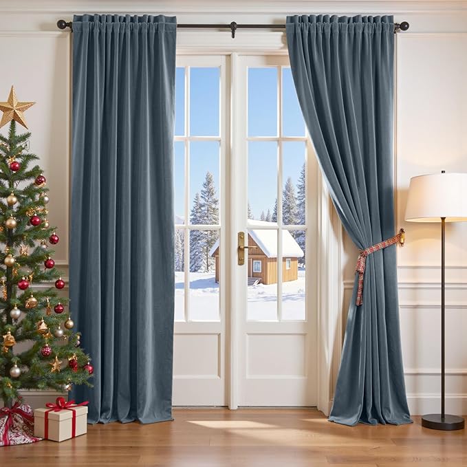Lazzzy Velvet Blackout Curtains Thermal Insulated Room Window Drapes Super Soft Luxury Curtains for Living Room Bedroom Rod Pocket 2 Panels, Dark Slate, 42" W x 84" L
