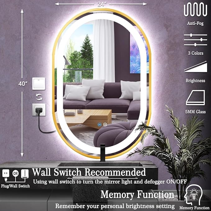 24 x 40 Inch Gold Oval LED Vanity Mirror with Lights Smart Memory 3 Color Dimmable Anti-Fog 40" Gold Framed Oval Lighted Mirror for Bathroom Salon Wall LED Ovals Mirror with Lights Frame