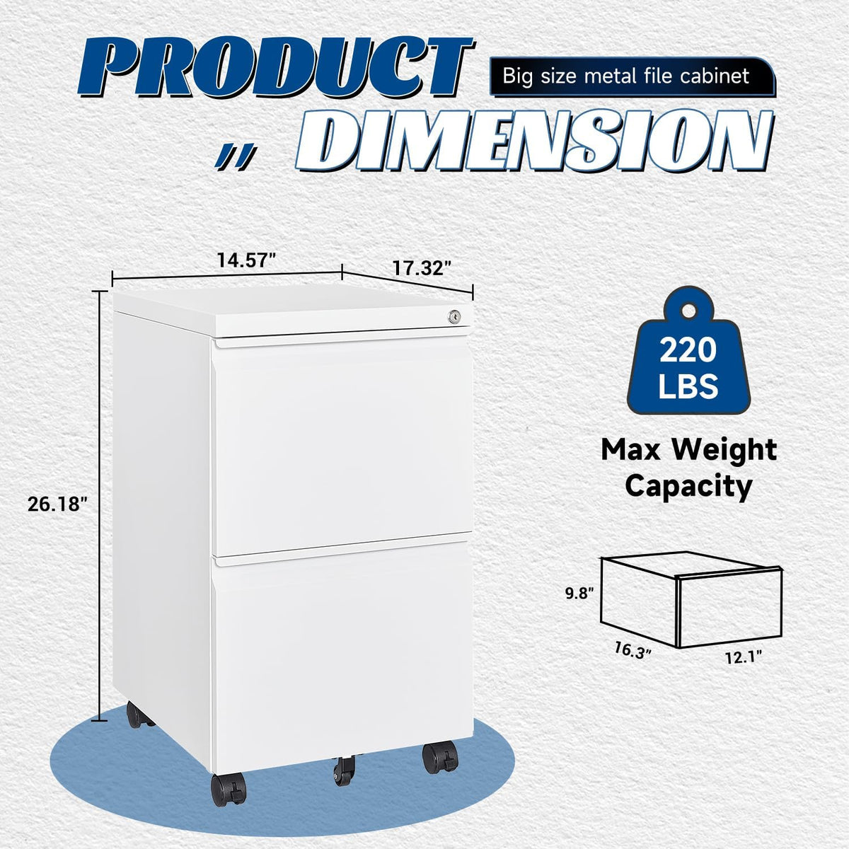 2 Drawers Vertical File Cabinet - Fully Assembled White Under Desk Mobile Filling Cabinet Small Lockable Home Office File Cabinets for A4/Letter/Legal Size