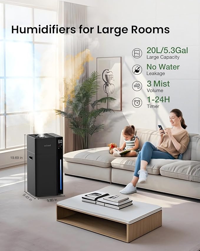 Mifasol Humidifier Large Room, 5.3Gal/20L Cool Mist Humidifiers for Home 1500 sq ft, Double Nozzles Whole House Humidifier, Humidifiers for Bedroom Plants Office Commercial Large Areas, Black