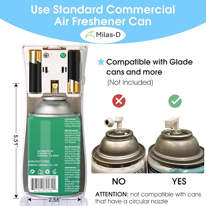 Automatic Air Freshener Spray Dispenser (2-Pack), Custom Timing (Day/Night/24H, 7.5/15 min), Wall Mounted or Free Standing, for Home and Commercial, Compatible with Glade Refill Can, White, Milas-D