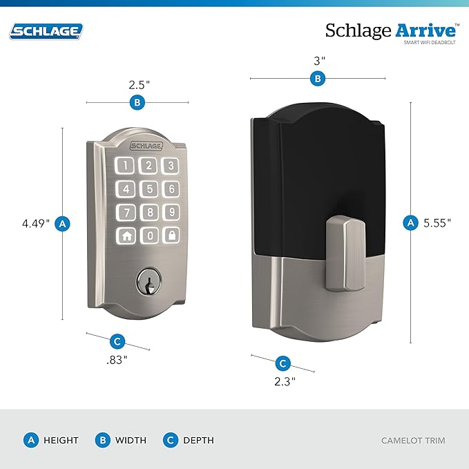 Schlage Arrive WiFi Deadbolt Smart Lock, Keyless Entry Door Lock with Camelot Trim, Satin Nickel, Compatible with Alexa and Google, BE459WB CAM 619