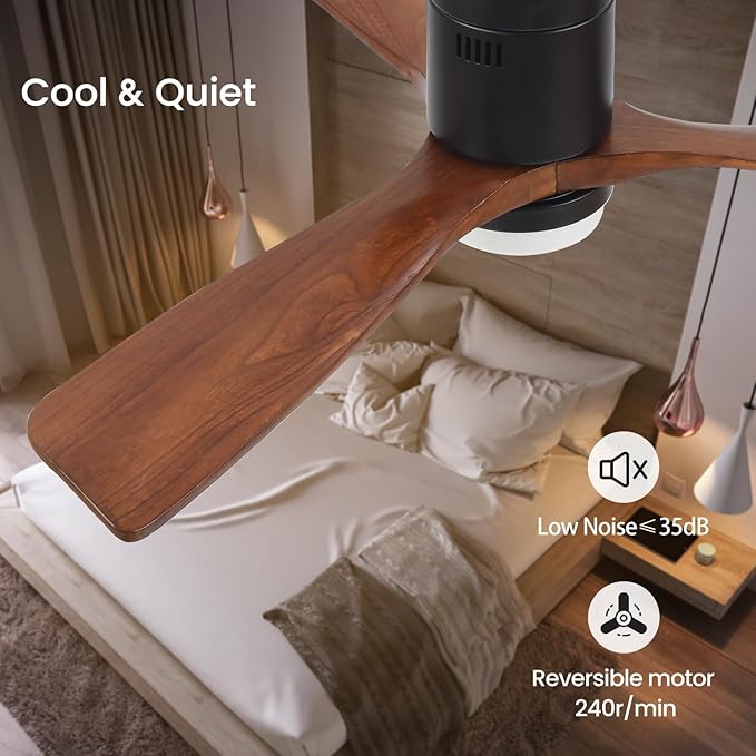 Ceiling Fans with Lights, 52" Wood Ceiling Fan with Remote Control, 3 Walnut Fan Blades Reversible Quiet DC Motor 6 Speeds Timing Farmhouse Ceiling Fan for Bedroom/Living Room/Study/Porch