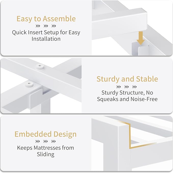 Full White Metal Bed Frame with USB Charging Station, LED Ambient Lighting, and Wooden Storage Headboard - Includes Under-Bed Storage, No Box Spring Needed, Noise Free, Easy to Assemble