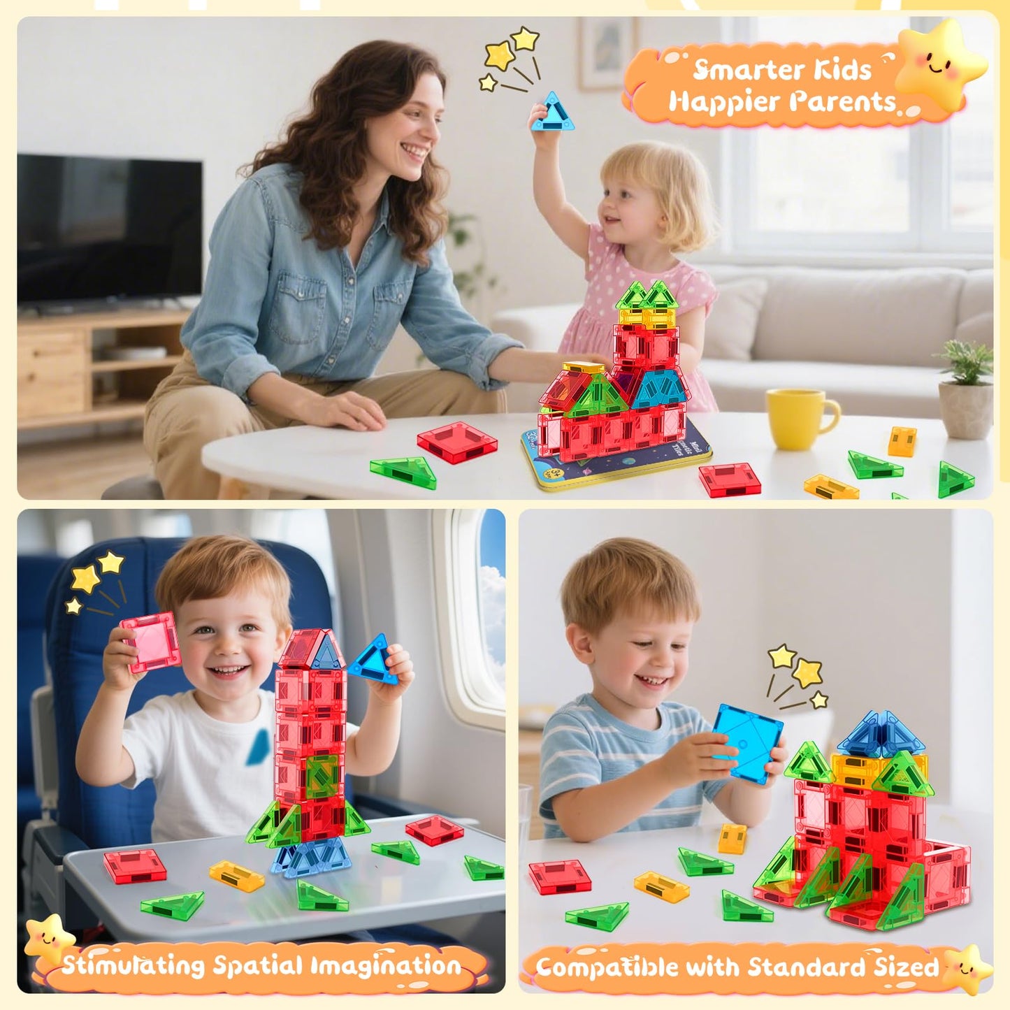 Magnetic Tiles Building Blocks Toy Set: Portable Mini Size Magnetiles Travel Set 32 Pieces with Iron Tin Construction Toys Gift for Kids Girls and Boys Ages 3-12 Years Old School Classroom Must Haves