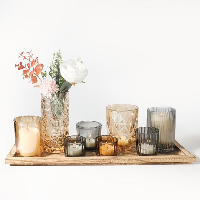 Rustic Wooden Tray with 8 Brown Glass Votive Candle Holders, Decorative Tea Light Holder Set for Mantel, Centerpiece, Dining Table Centerpiece Set, and Home Decor(Set of 8 Pieces)