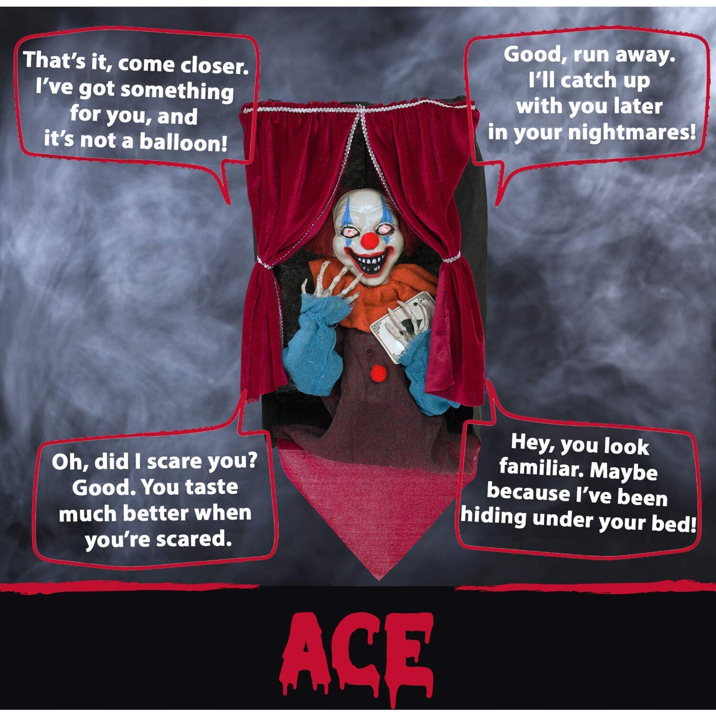 Haunted Hill Farm Talking Clown Halloween Animatronic with Flashing Red Eyes, Indoor or Outdoor Halloween Decorations, Battery Operated Creepy Halloween Props for Home or Haunted House