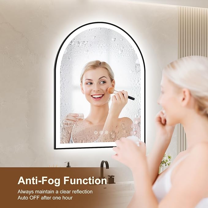 Arched LED Mirror for Bathroom 24"x30", Black Lighted Bathroom Mirror with Lights-Fogless, Dimmable, 3 Color Changing, Shatterproof, Touch Sensor