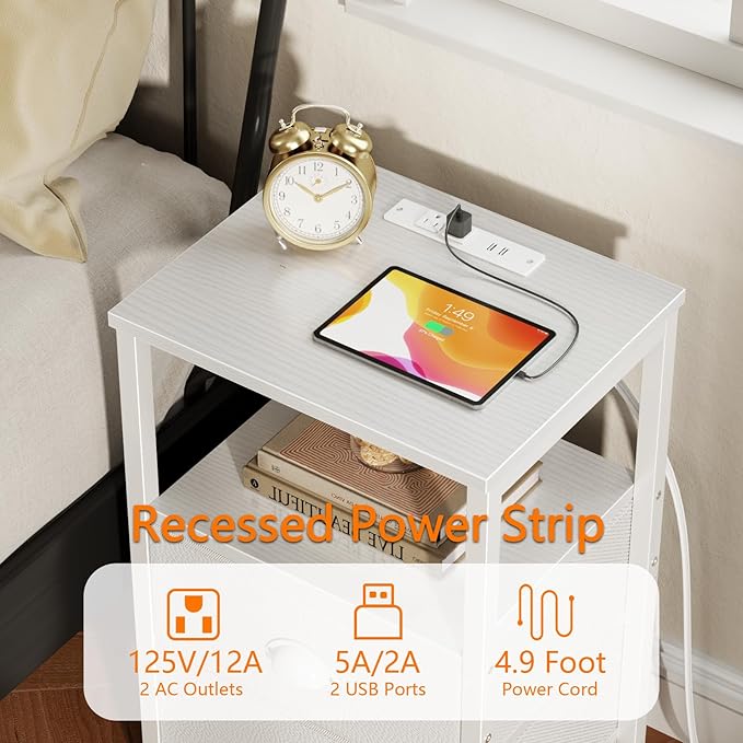Furologee LED Night Stand with Charging Station, White Nightstand with Fabric Drawers, Bedside Table with Storage Shelf, End Table for Living Room/Bedroom/Dorm