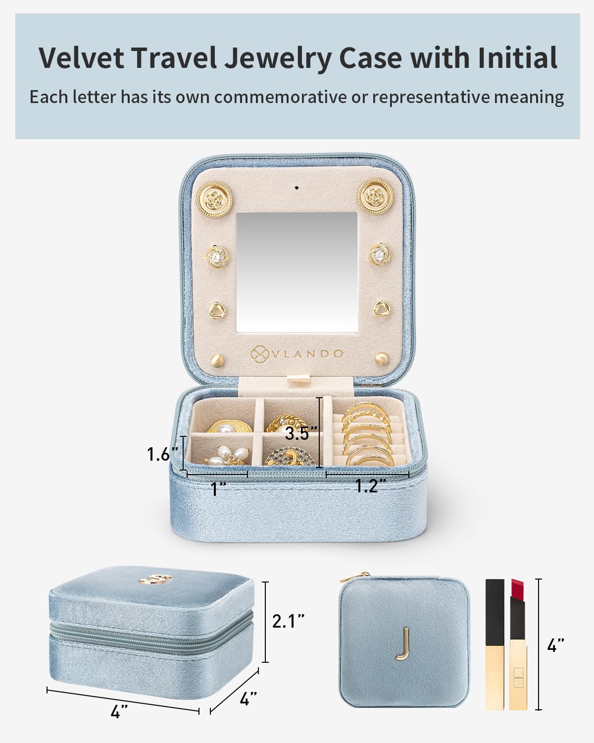 Vlando Birthday Gifts for Women Friendship, Personalized Initial Jewelry Box, Friendship Gifts for Women Friends, Travel Essentials Small Jewelry Box, Travel Box for Girls - Letter J, Blue