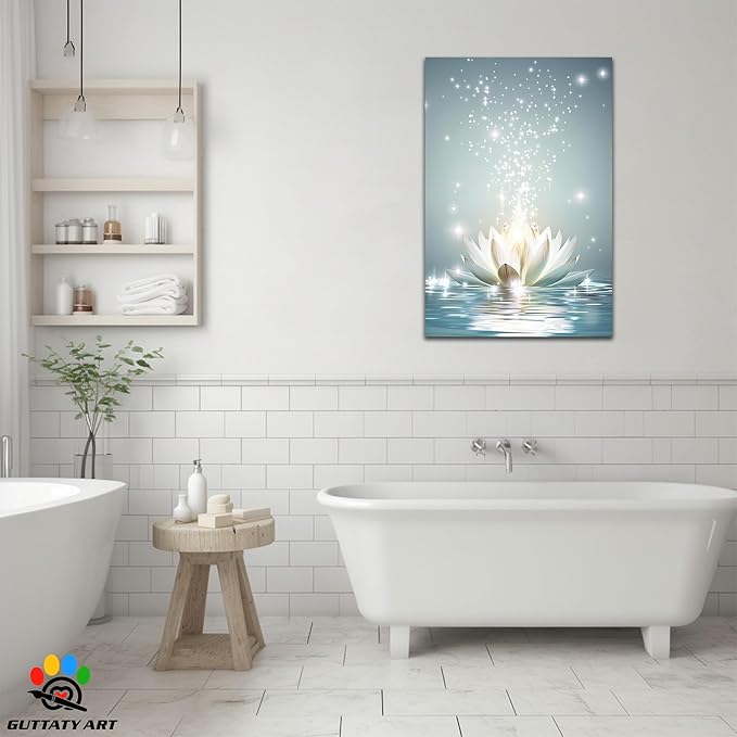 Zen White Lotus Flower Canvas Wall Art, Lotus Flower Pictures Bathroom Zen Print, Spiritual Water Lily Canvas Prints, Lotus Bloom on Water Poster, Zen Calm Relax Artwork for Yoga Spa Room 28x40 inch