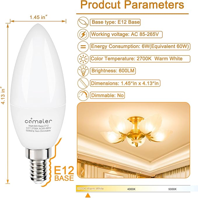 comzler E12 Led Bulb, Small LED Candelabra Bulbs 60W Equivalent, Warm White 2700K Ceiling Fan Light Bulbs, Type B Shape Chandelier , Pack of 6, Non-Dimmable