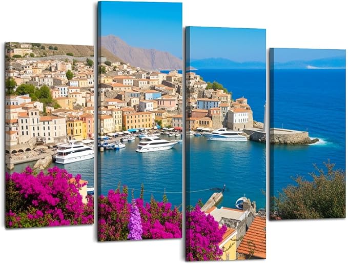 Canvas Wall Art Prints Pictures Symi town cityscape Dodecanese islands Greece Framed Posters Modern Wall Painting Artwork Gift Home Decor for Living Room Ready to Hang 4 Panel