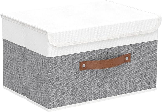 Yawinhe Collapsible Storage Bin, Cube Organizer Basket, Fabric Box with Lids, Washable and Leather Handle, for Home, Closet, White/Grey, 13.0''Lx9.0''Wx7.9''H, 1-Pack, SNK024WGS-1