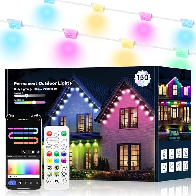 Permanent Outdoor Lights for House -Eaves Lights 150FT with 75 IC+RGBCW LED IP67 Waterproof, Smart Outside LED Christmas Light with App/Remote, Eternity Lighting for Holiday/Daily