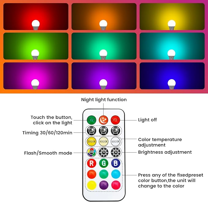 LED Rechargeable Light Bulbs With Remote ＆ Touch Dimmable, E26 Battery Operated Light Bulb for Lamps, RGB 12 Colors, 2600mAh USB battery backup Light Bulb With Timer, A19 Small Light Bulbs 1 Pack