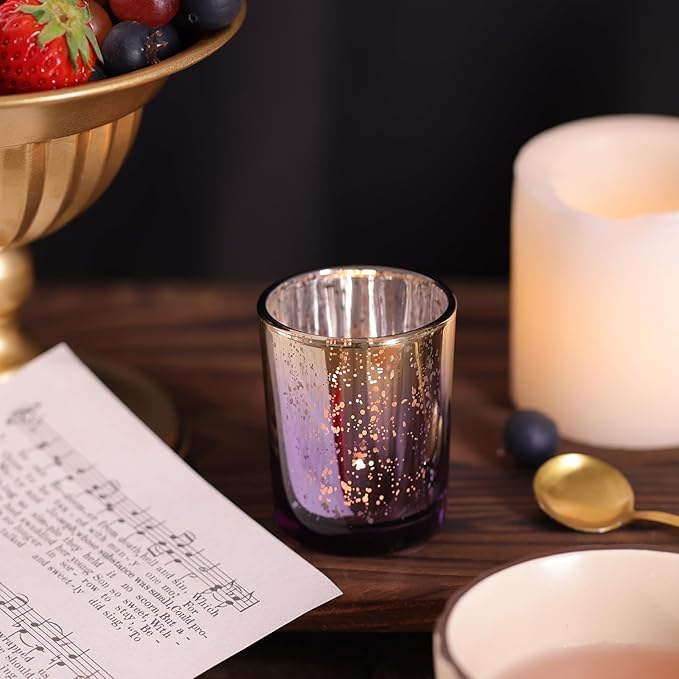 Volens Purple Votive Candle Holders Set of 12, Speckles Mercury Glass Tealight Candle Holder Bulk for Table Wedding Centerpiece, Purple and Gold Party Decorations & Home Decor