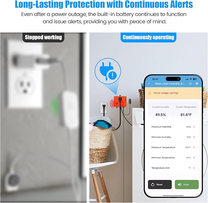 Ortis WiFi Power Failure & Water Leak Alarm, Real-Time Monitoring of Water Level, Temperature & Humidity, 110dB Siren with Flashing Light, APP Alerts, Ideal for Laundry Rooms & Basements