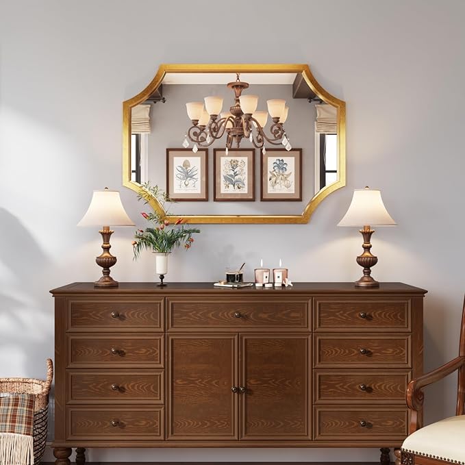 Kelly Miller Small Gold Mirror for Wall, 20"x28" Gold Bathroom Vanity Mirror Scalloped Mirror Decorative Wall Mirror Beveled for Master Bath Half Bath Living Room Bedroom Fireplace Mantle Entryway