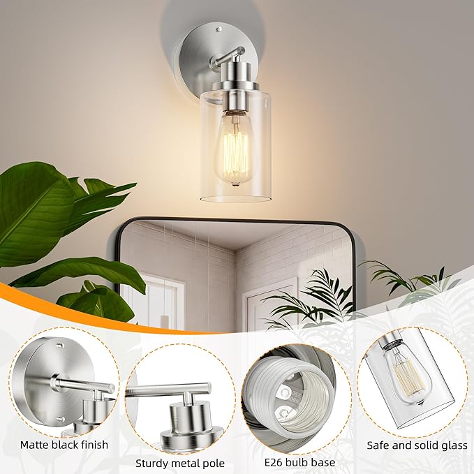 GORDNWE 1-Light Bathroom Wall Sconce, Brushed Nickel Vanity Light, Modern Wall Light Fixture with Clear Glass Shade and E26 Bulb Base, Wall Lamp Wall Mount Light Fixtures for Mirror, Bedroom, Hallway
