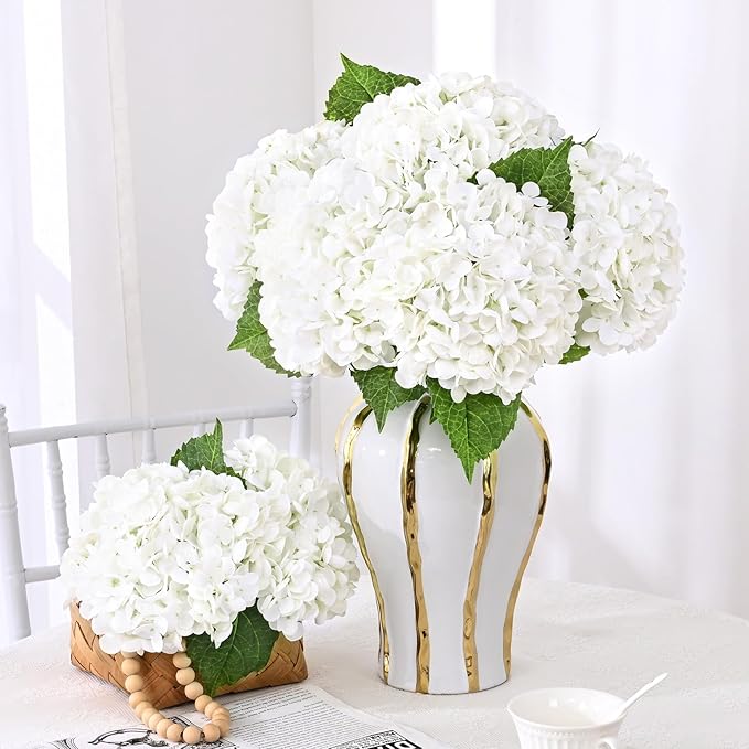 4 Pcs Real Touch Hydrangea Artificial Flowers, 21" White Full Faux Hydrangea Flowers Latex Fake Flowers for Home Decor Party Floral Arrangements Wedding Bouquets Centerpieces Outdoor Decor