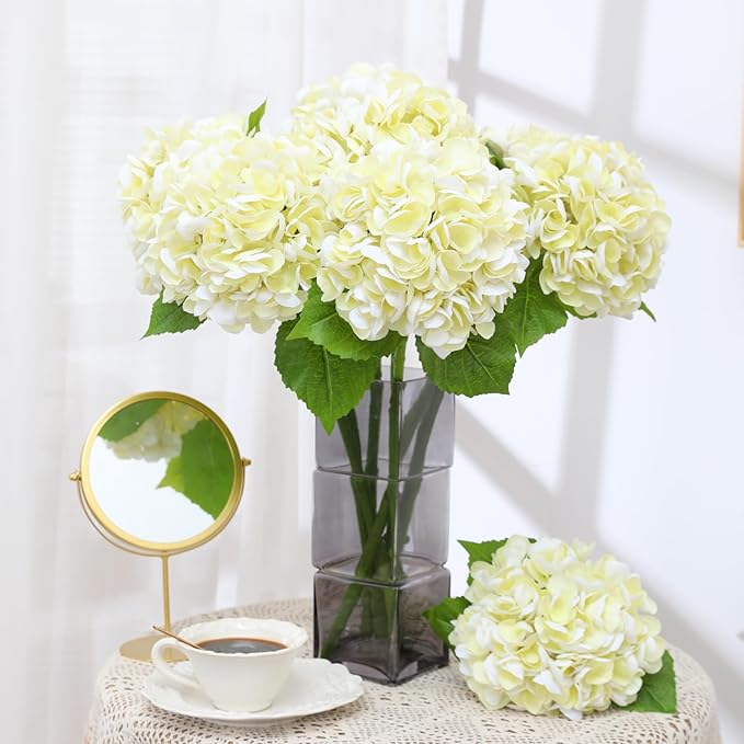 Nubry 22.44In Beige Hydrangea Artificial Flowers,4Pcs Latex Faux Real Touch Large Hydrangea Flowers with Long Stems & Leaves for Home Office Decor Wedding Party Arrangements(Beige)