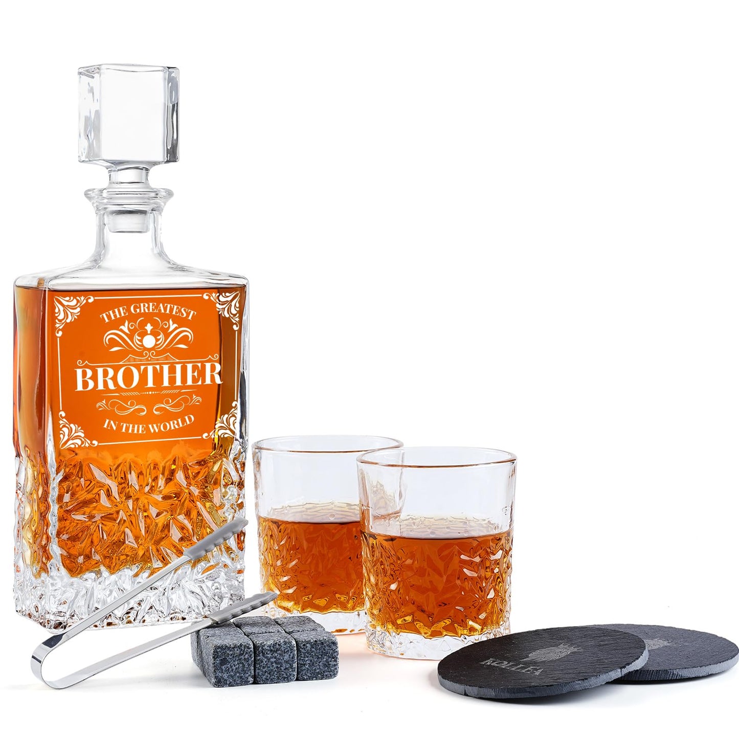 Kollea Christmas Gifts for Brother, 27 Oz Whiskey Decanter Set with 2 Glasses & Whiskey Stones, Best Brother Birthday Gifts from Sister Brother, Unique Cool Anniversary Presents Ideas for Men Him