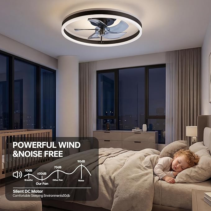 RGB Ceiling Fan with Light,20'' Modern Flush Mount Ceiling Fan, 6 Speeds, Dimmable LED, Remote Control, Quiet DC Motor,Smart Low Profile Ceiling Fan for Bedroom, Living Room,DM101-H-RGB Black