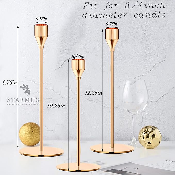 French Honey Gold Taper Candle Holders,Set of 6 Tall Taper Candlestick fit for 3/4" Thick Pillar Candle&Led Modern Metal Candle Stands Decorative Table Centerpieces for Dinning Party Church,Decorative