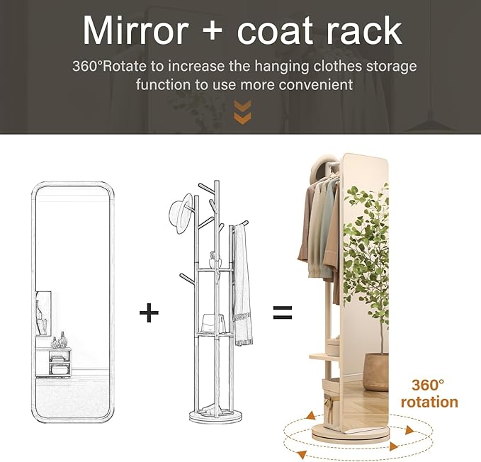 70"x19"Full Length Mirror with Stand,Coat Rack with Mirror,Solid Wood Floor Mirror,Swivel Mirrorfor Bedroom, Living Room, Cloakroom