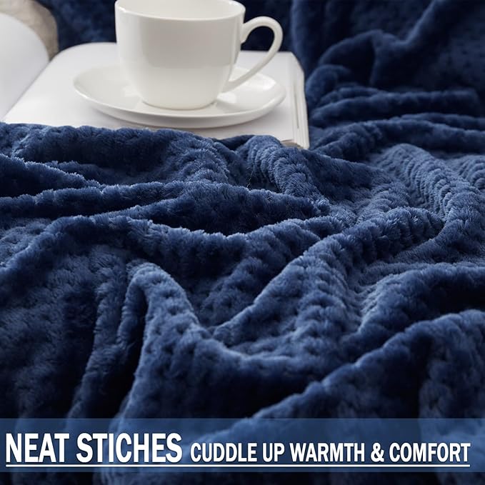 Exclusivo Mezcla Fleece Bed Blanket Queen Size, Super Soft and Warm Blankets for Couch, Sofa and Bed Waffle Textured, Cozy, Fuzzy and Lightweight (Navy Blue, 90x90 Inches)
