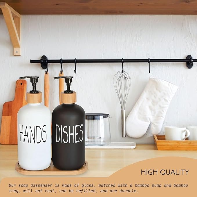 Glass Soap Dispenser Set, Hand Soap and Dish Soap Dispenser with Bamboo Tray. Vintage Soap Dispenser with Pump for Kitchen Drain Outlet and Bathroom. Stylish Permanent Labels (Matte Black&White)