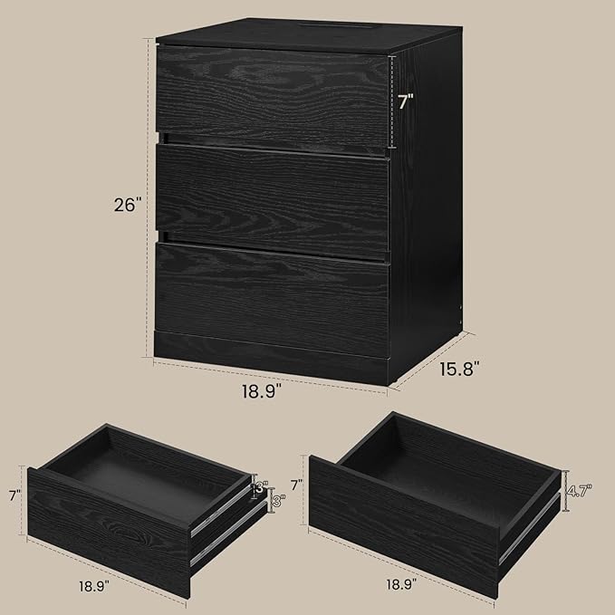 Nightstand, 4 Drawers, 26" H with Hidden Drawer, Bedside Table with Charging Station, Modern Night Stand for Bedroom, Black