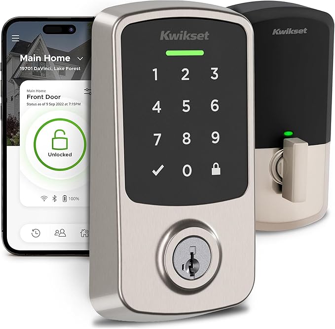 Kwikset Aura Reach Smart Lock Matter Over Thread and Bluetooth Enabled Keyless Entry Door Lock Deadbolt, BHMA Certified, Proximity Wakeup, Geofence Auto-Unlock Satin Nickel