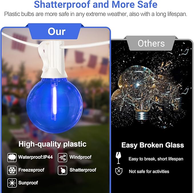 LAMPHOME 26Ft LED G40 Red White and Blue Lights Outdoor 4th of July Lights with12+1 Shatterproof Bulbs for Patriotic Decor in Yard Garden Patio - Light up Memorial Day 4th of July Decorations Outdoor