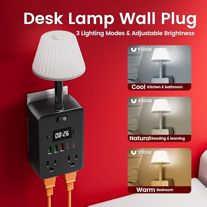 Lamp & Power Strip with Digital Clock, 4 Outlets 5 USB Ports (2 USB C), Dimmable Nightstand Light with 3 Color Temperatures, Multi-Functional Wall Outlet Extender for Bedroom, Dorm, Office, Black