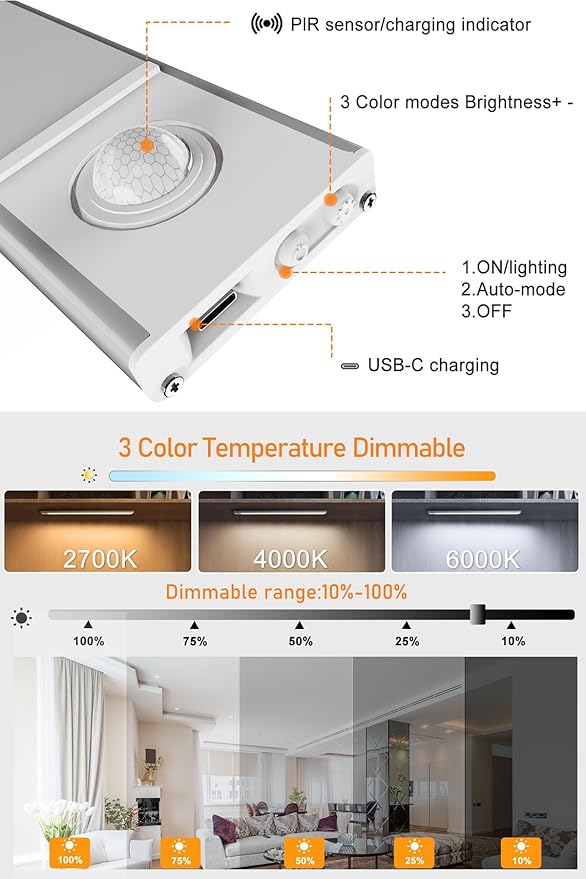 SPOLI Under Cabinet Lighting, Motion Sensor Kitchen Light Indoor, 1800mAh Battery Operated Closet Lights, 65 LED Dimmable Stairs, 2 Pack Magnetic Under Counter Lights for Kitchen - Silver 16"