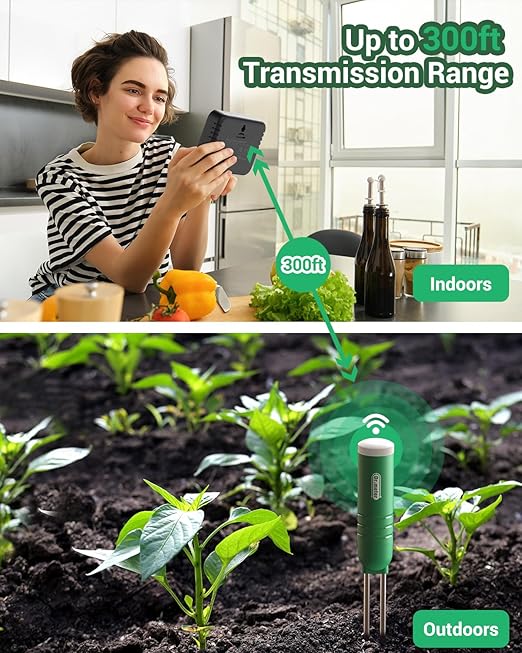 4-in-1 Soil Moisture Meter, 300ft Wireless Soil Tester Sensor, Temperature/Light/Time/Soil Hygrometer Monitor with Digital LCD Display for Indoor Outdoor Plants, Garden, Lawn, Gardening Gifts