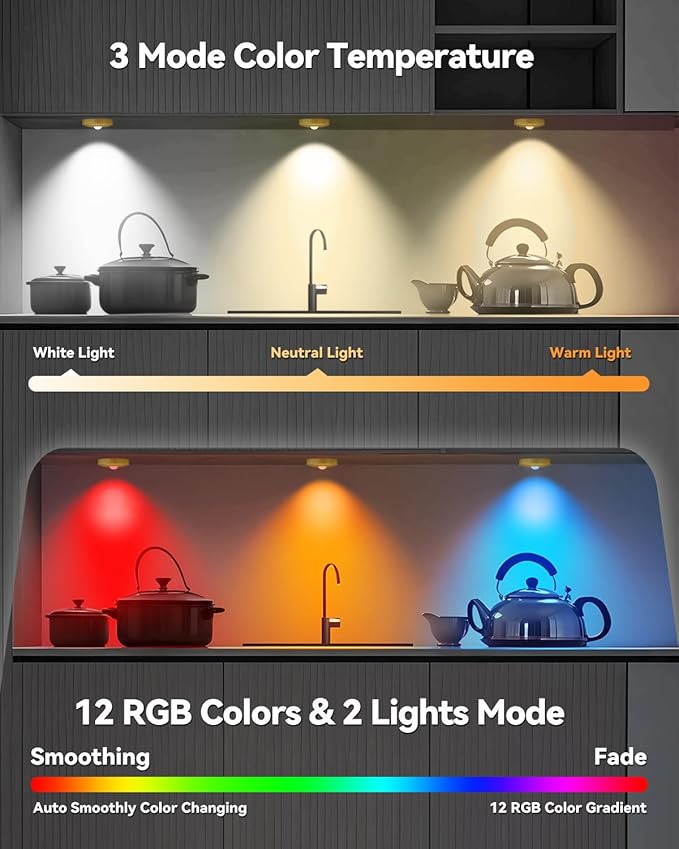Rechargeable RGB Puck Lights with Remote Control, 1500mAh Battery Operated Push Lights, Dimmable & Timer Under Cabinet Lighting for Closet, Bedroom, Kitchen Gold 3Pcs