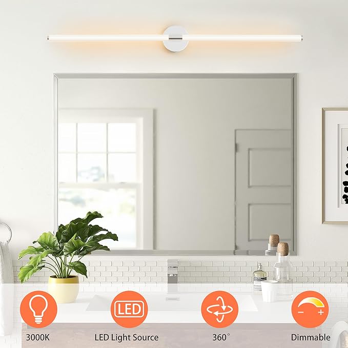 Bathroom Vanity Lights 49 inch Long Bathroom Light Fixtures Over Mirror Hardwired, Dimmable LED 360° Full Lighting Modern Vanity Light Bar Wall Sconce Warm Light for Bedroom Living Room - Chrome