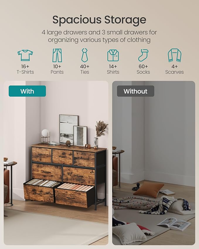 SONGMICS Dresser for Bedroom, Chest of Drawers, Steel, MDF, 7 Non-Woven Fabric Drawers, Storage Organizer Unit, Closet, Entryway, Rustic Brown and Ink Black ULGS323BH04