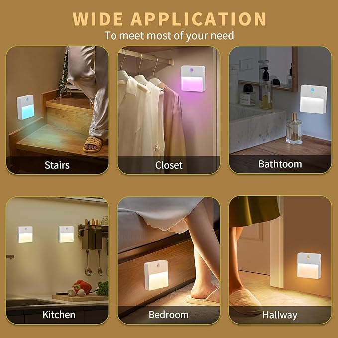 ASAWASA LED Motion Sensor Night Light, 7 Colors Rechargeable Magnetic Decor Wall Lights, Dimmable, Suitable for Bathroom hallways bedrooms Kitchen cabinets Staircase(4 Pack)