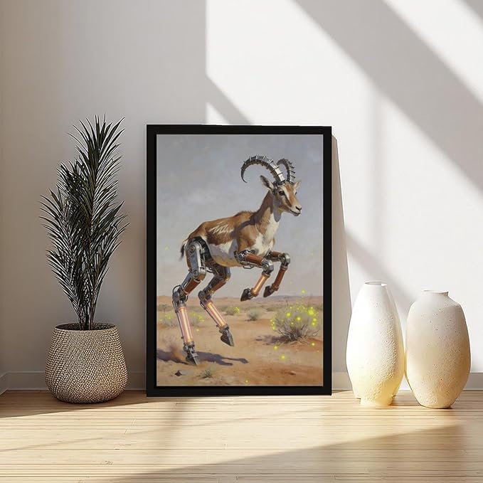 Framed Steampunk Mechanical Antelope Wall Art - Desert Futuristic Poster for Loft Living Room Decor 20x30in