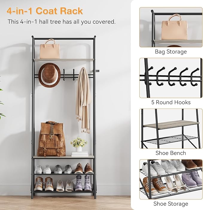 Hall Tree, Entryway Hall Tree with Shoe Rack, Coat Rack with Shoe Rack and Hooks, 25” Freestanding Metal Entryway Organizer with 4-Tier Storage Shelves for Hallway, Bathroom, Small Spaces