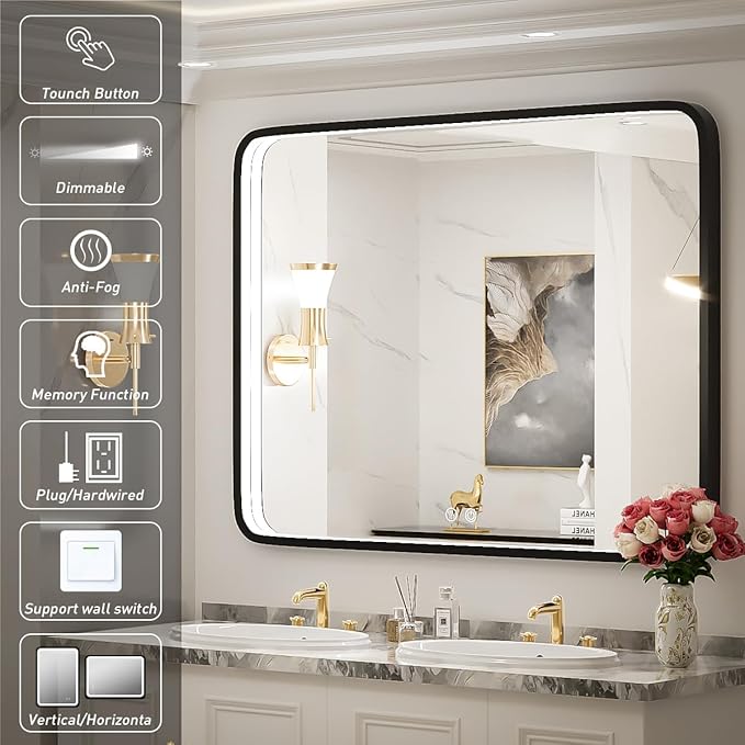 40X30 Inch Black Bathroom Mirror with LED Lights,Metal Frame Lighted Vanity Mirror,Anti Fog Design&Dimmable&Touch Switch, Wall Mounted Makeup Mirror for Home Decor(Horizontal/Vertical)
