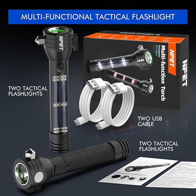 NPET T09 Solar Flashlight Car Flashlight 268 Lumens LED COB Light USB Rechargeable Tactical Multi-Function Torch Tool with Window Breaker Seat Belt Cutter Compass (T09-2pack)