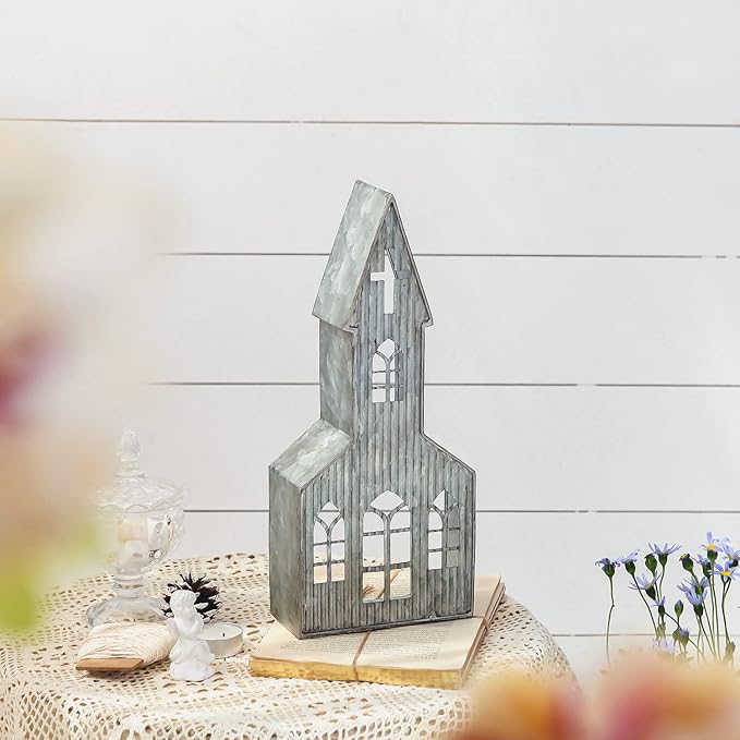 Church Shaped Tea Light Candle Holder Farmhouse Galvanized Metal Candle Holder Vintage Decorative Tealight Holder for Table Centerpiece Decoration - 5.51" x 2.36" x 12.8"