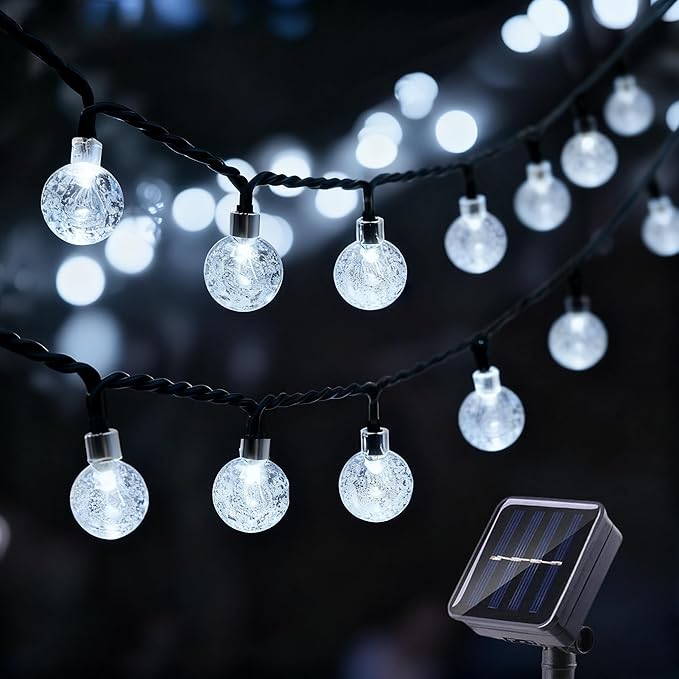 20 LED Crystal Globe Solar String Light Extra-Bright Outdoor Lights with 8 Lighting Modes Waterproof Solar Powered Patio Hanging Light for Garden Yard Porch Wedding Party Decor(White)