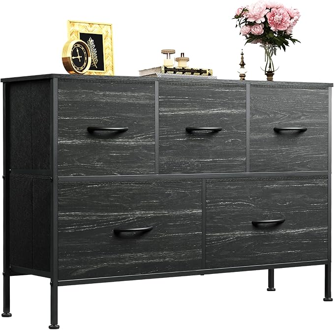 WLIVE Dresser for Bedroom with 5 Drawers, Long Storage Dresser, Fabric Dressers, Storage Drawer Unit with Fabric Bins for Closet, Hallway, Charcoal Black Wood Grain Print, Size L