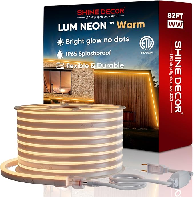 Shine Decor 82FT/25M LED Neon Rope Lights, Warm White AC 110V-120V Neon Strip Lights, 8x16mm Cuttable Waterproof SMD2835 120LEDs/M Indoor Outdoor Light Strips, DIY Ambiance Lighting Decoration